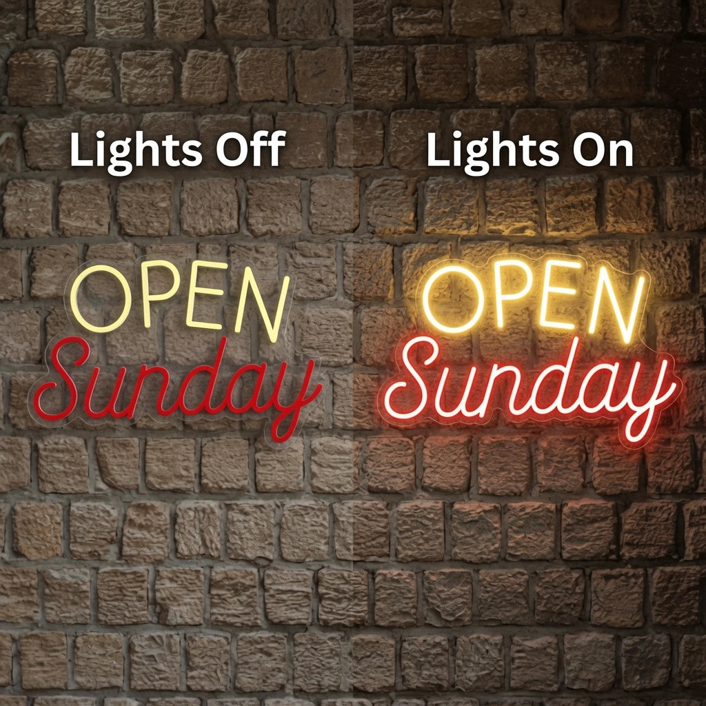 Open Sunday LED Neon Sign - 06 Day Night Comparison