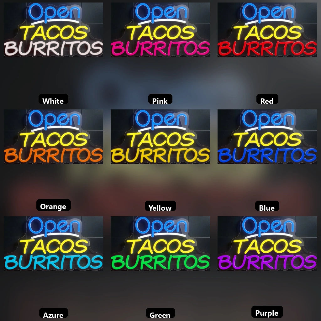 Open Taco S Burritos Wall Decor LED Neon Sign - 05 Color Grid