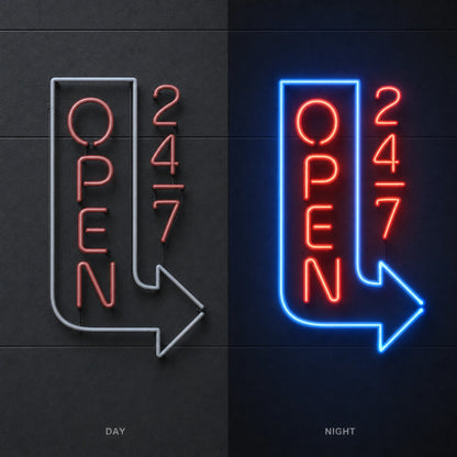 Open Wall Art LED Neon Sign Garage Man Cave Neon Sign day and night comparison