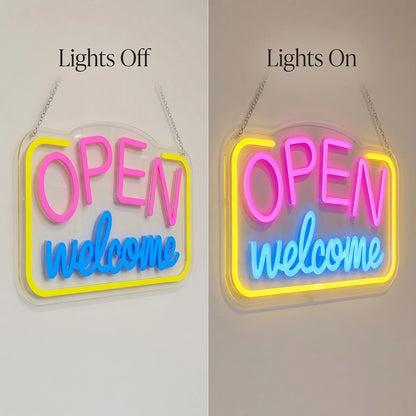 Open Welcome LED Neon Sign - 06 Day Night Comparison