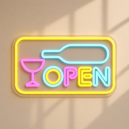 Open Wine Bar LED Neon Sign - natural light view