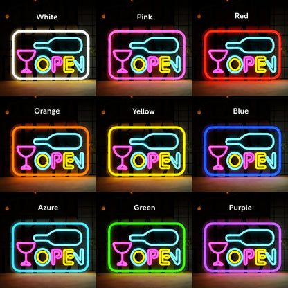 Open Wine Glass LED Neon Sign day and night comparison