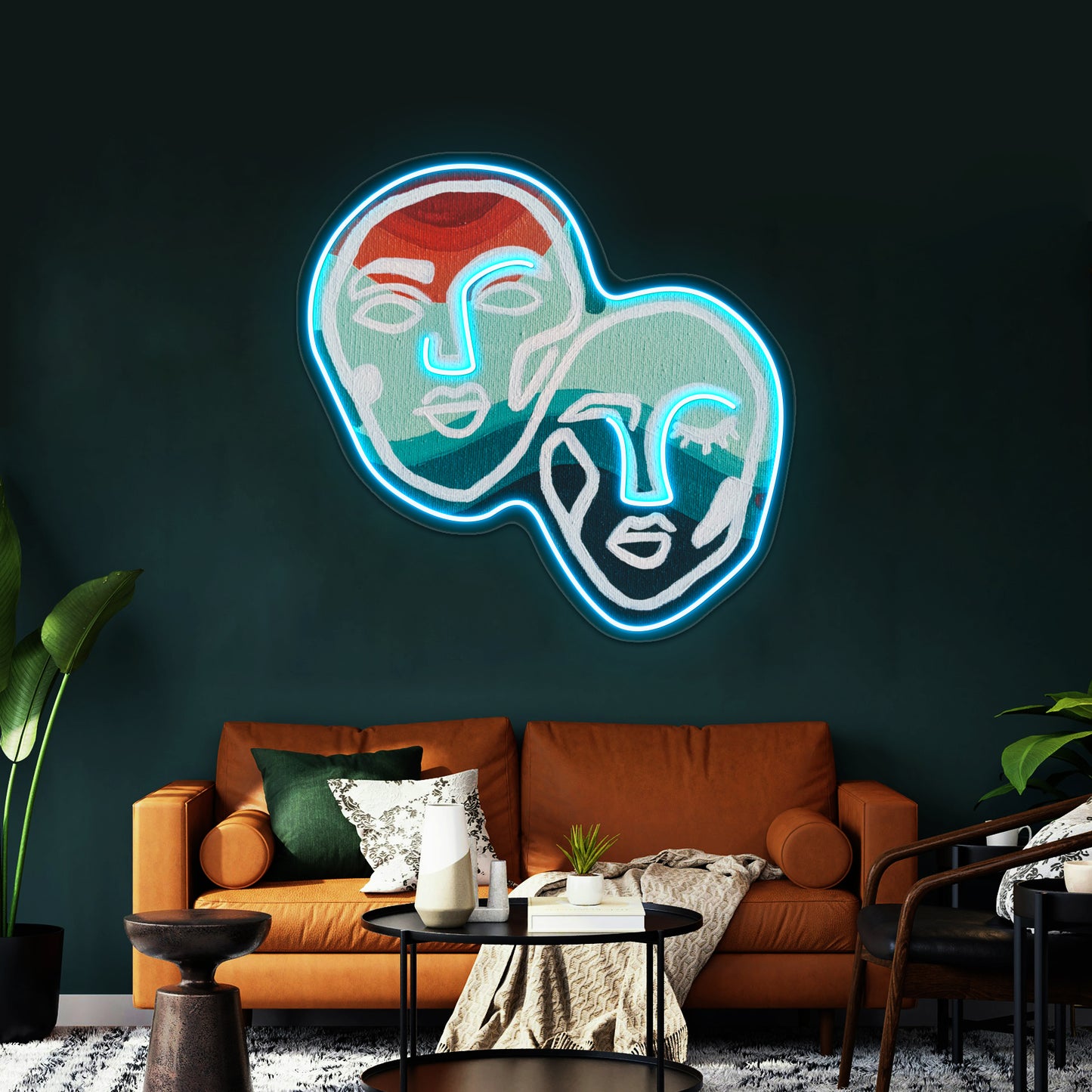 Orange And Blue Abstract Faces Wall Artwork Neon Signs Wall Artwork Neon Signs