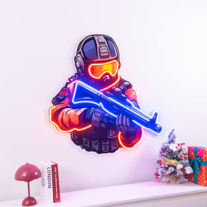 Orange-Blue Soldier Shooting Games Uv Printed Led Neon Sign For Indoor Wall Decor | Shineneon