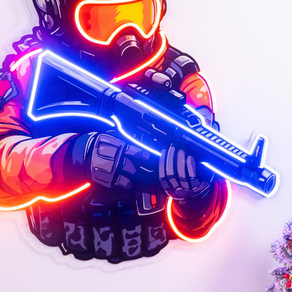 Orange-Blue Soldier Shooting Games Uv Printed Led Neon Sign For Indoor Wall Decor | Shineneon