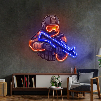 Orange-Blue Soldier Shooting Games Uv Printed Led Neon Sign For Indoor Wall Decor | Shineneon