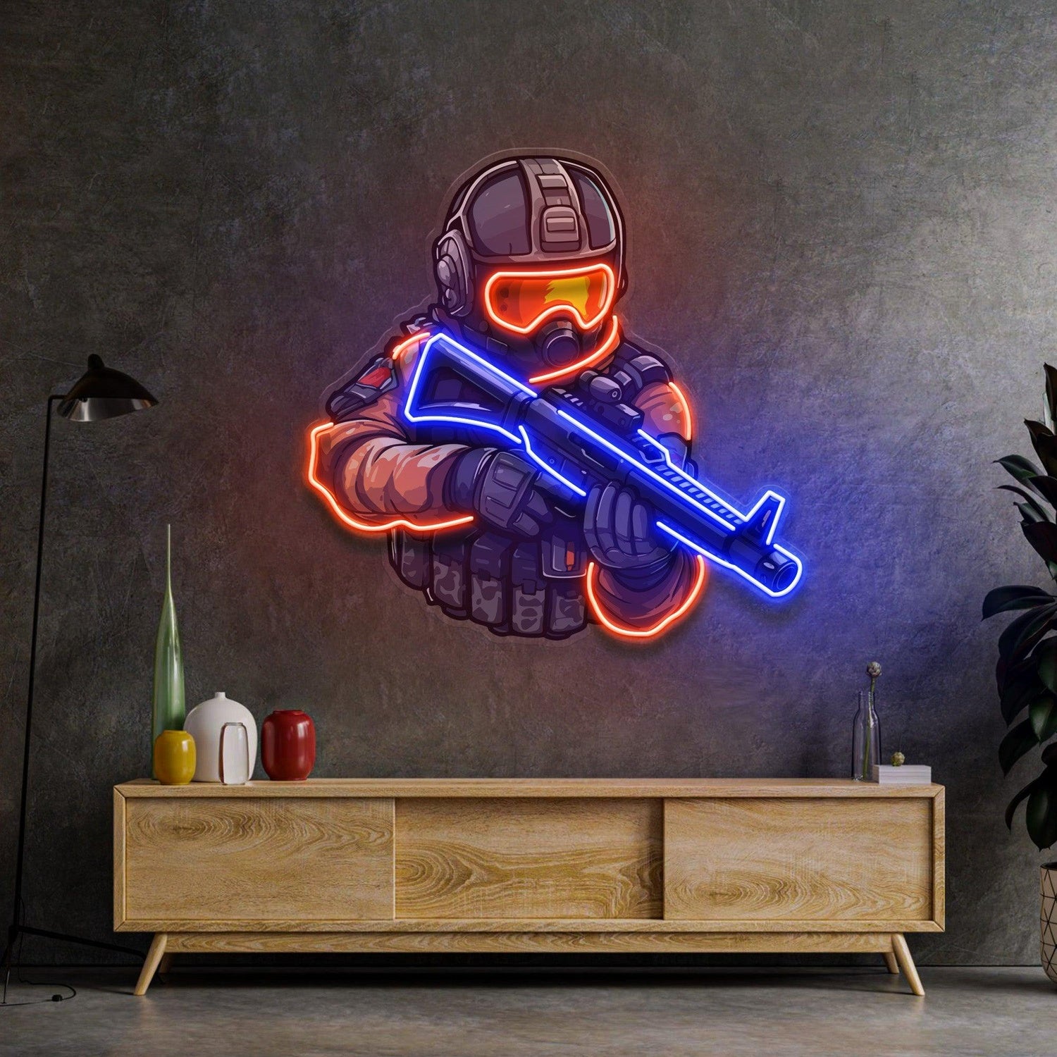Orange-Blue Soldier Shooting Games Uv Printed Led Neon Sign For Indoor Wall Decor | Shineneon
