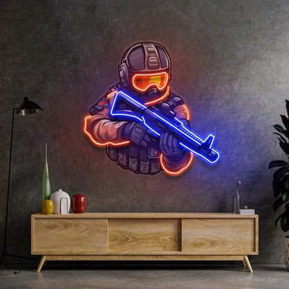Orange-Blue Soldier Shooting Games Uv Printed Led Neon Sign For Indoor Wall Decor | Shineneon