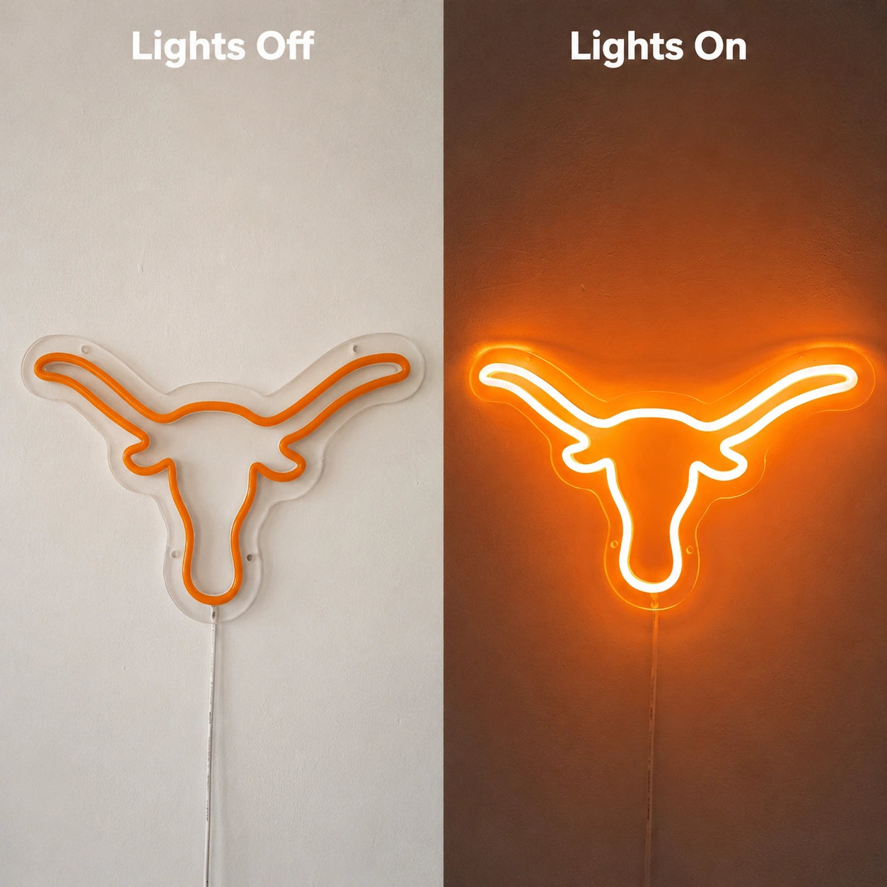 Orange Longhorn Outline Neon Sign LED Neon Sign day and night comparison
