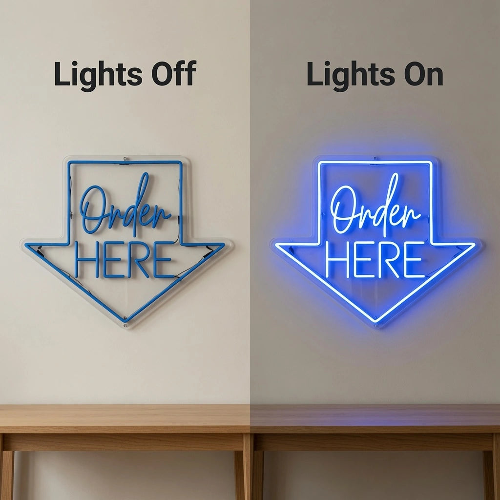 Order Here Business LED Neon Sign - 06 Day Night Comparison