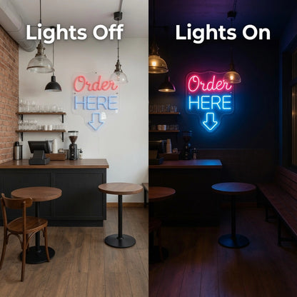 Order Here LED Neon Sign - 06 Day Night Comparison