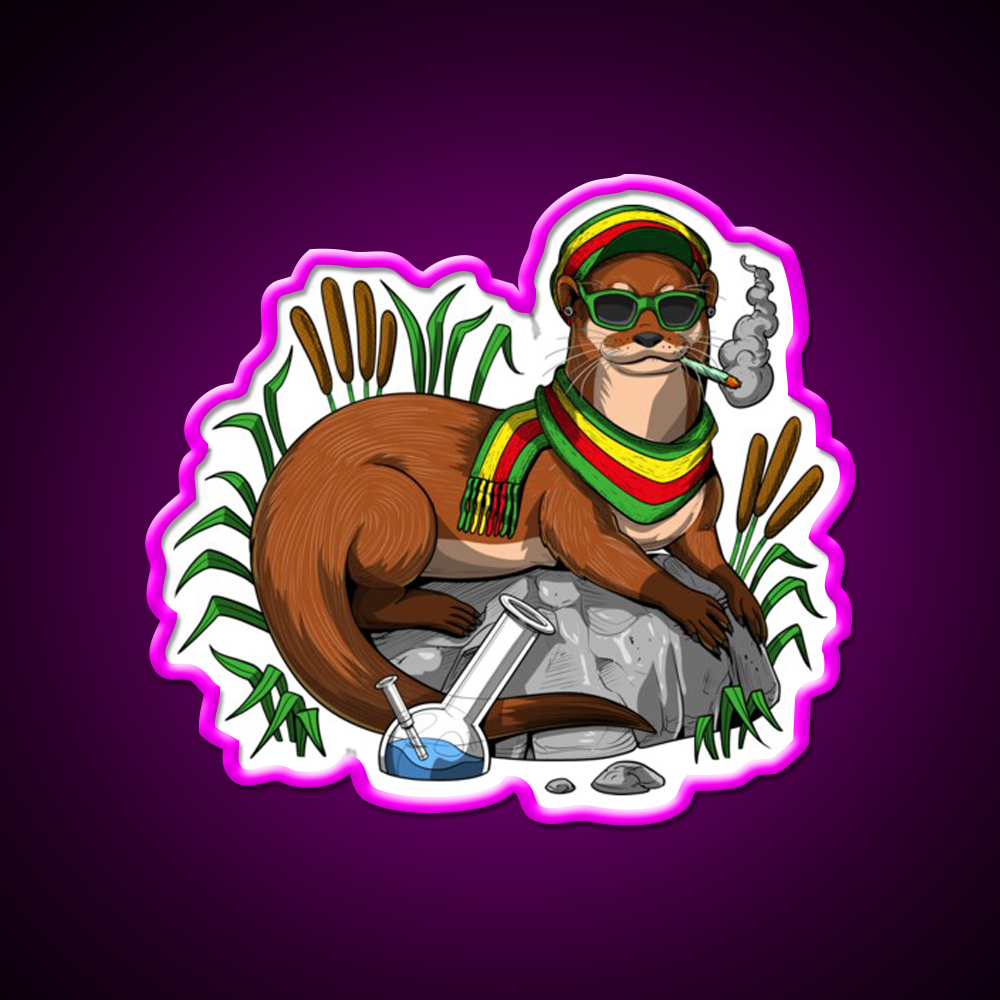 Otter Stoner Weed Hemp Inspired Green Leaf Led Neon Sign Rgb Color - Neon sign mounted on wall in room