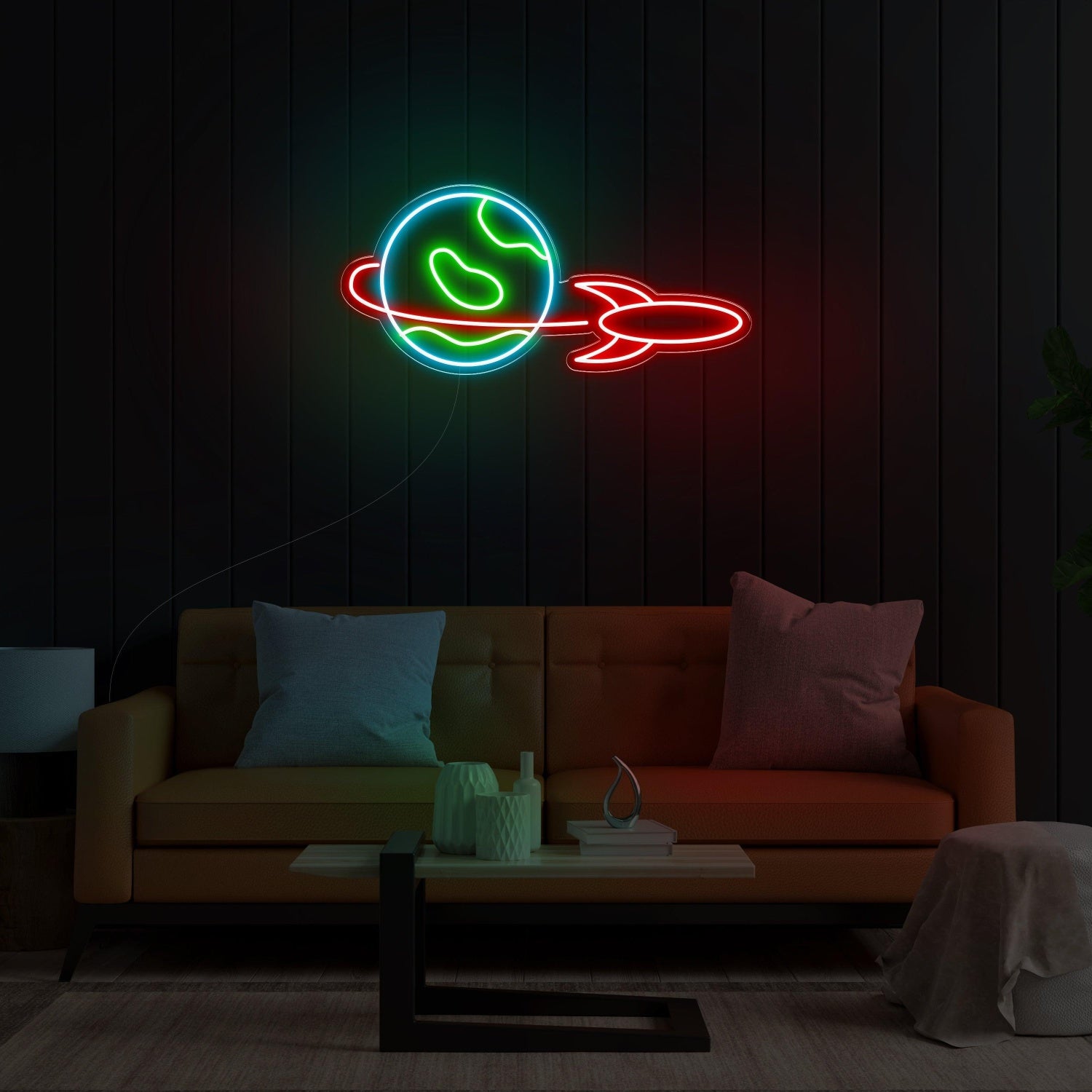Outta This World Green Blue Planet Red Rocket Led Neon Sign For Living Room Decor | Shineneon