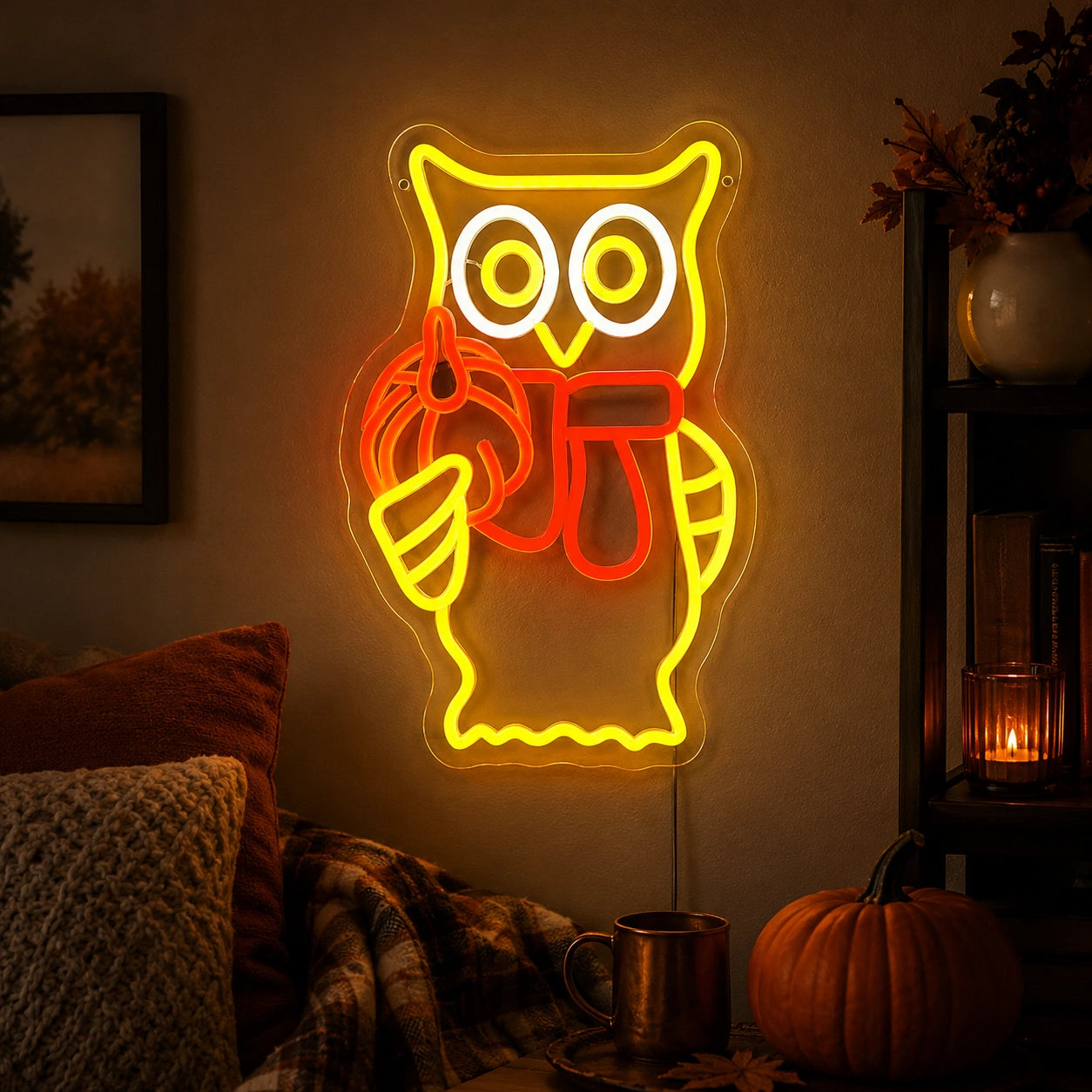 Owl Holding Pumpkin Scarf LED Neon Sign size image