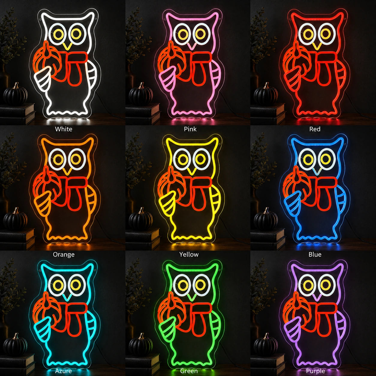 Owl Holding Pumpkin Scarf LED Neon Sign day and night comparison