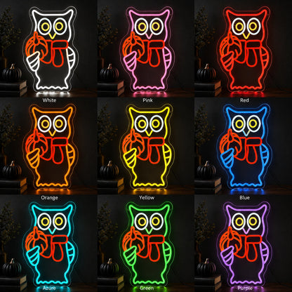 Owl Holding Pumpkin Scarf LED Neon Sign day and night comparison
