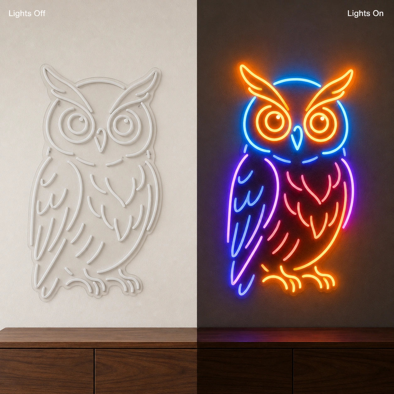 Owl LED Neon Sign Garage Man Cave Neon Sign day and night comparison