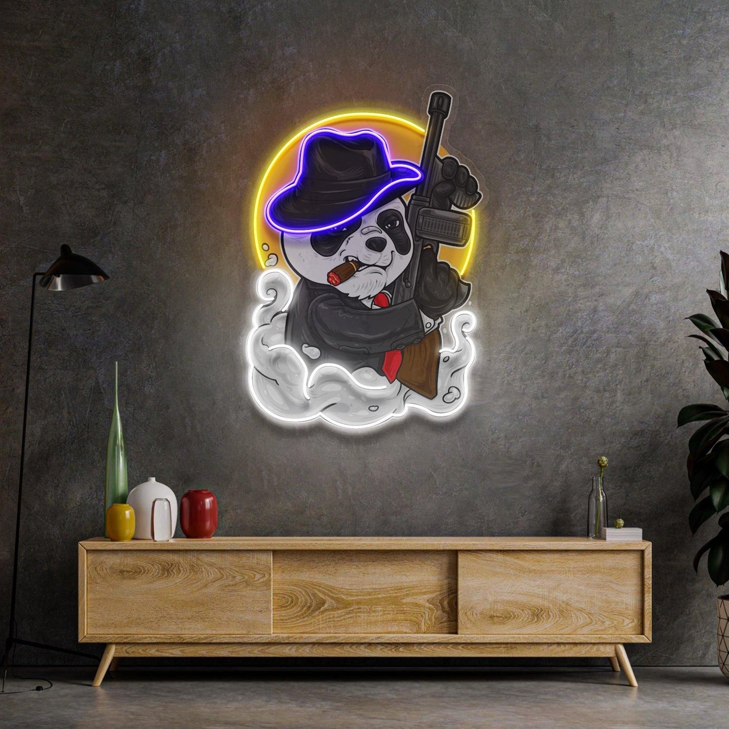 Panda Mafia Cartoon Uv Printed Led Neon Sign With Violet Yellow White For Home Decor | Shineneon