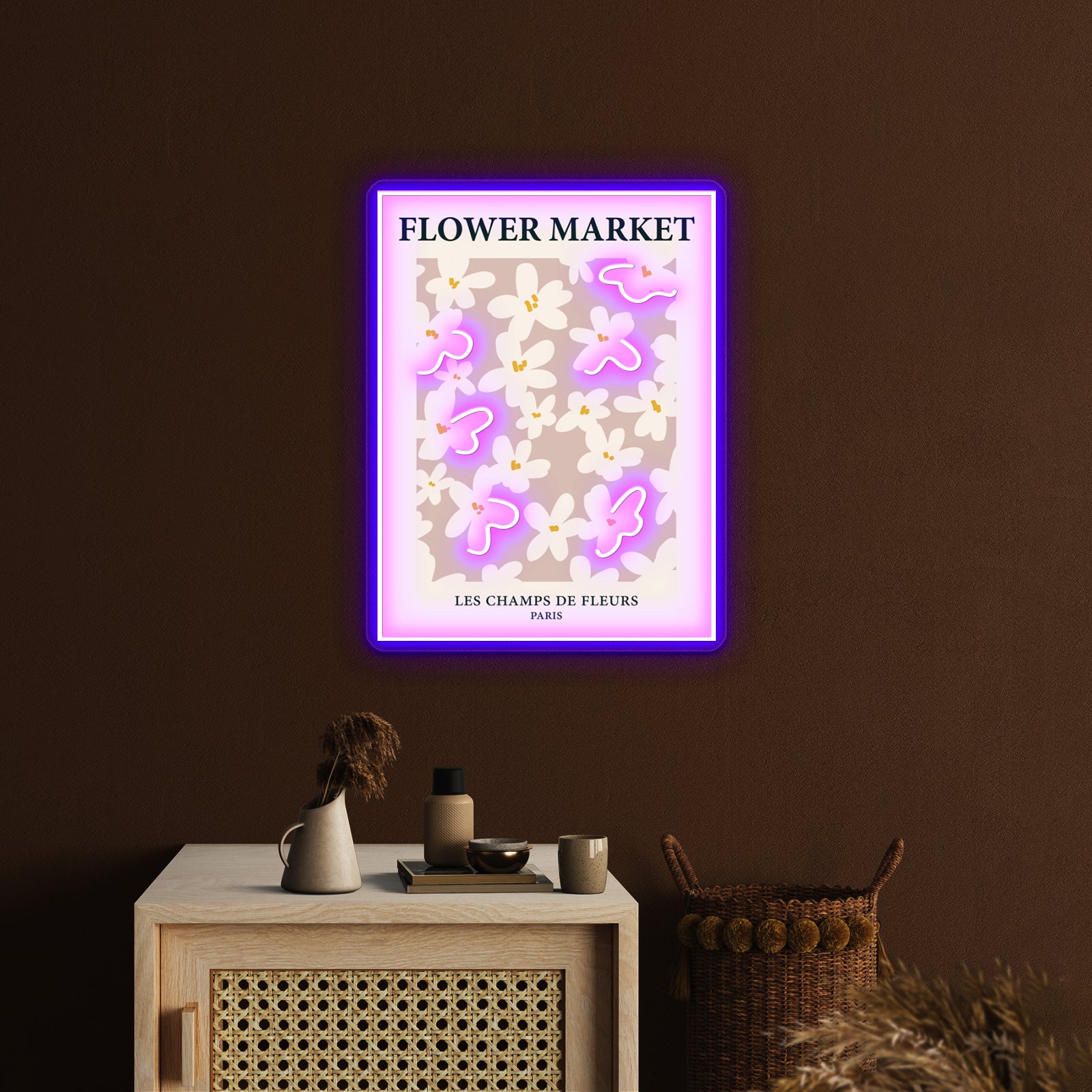 Paris Neutral Art Print Aesthetic Beige Flowers Wall Artwork Neon Signs | Shineneon