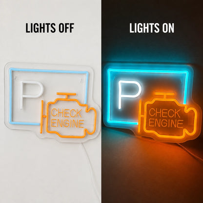 Parking Check Engine Neon Sign LED Neon Sign day and night comparison