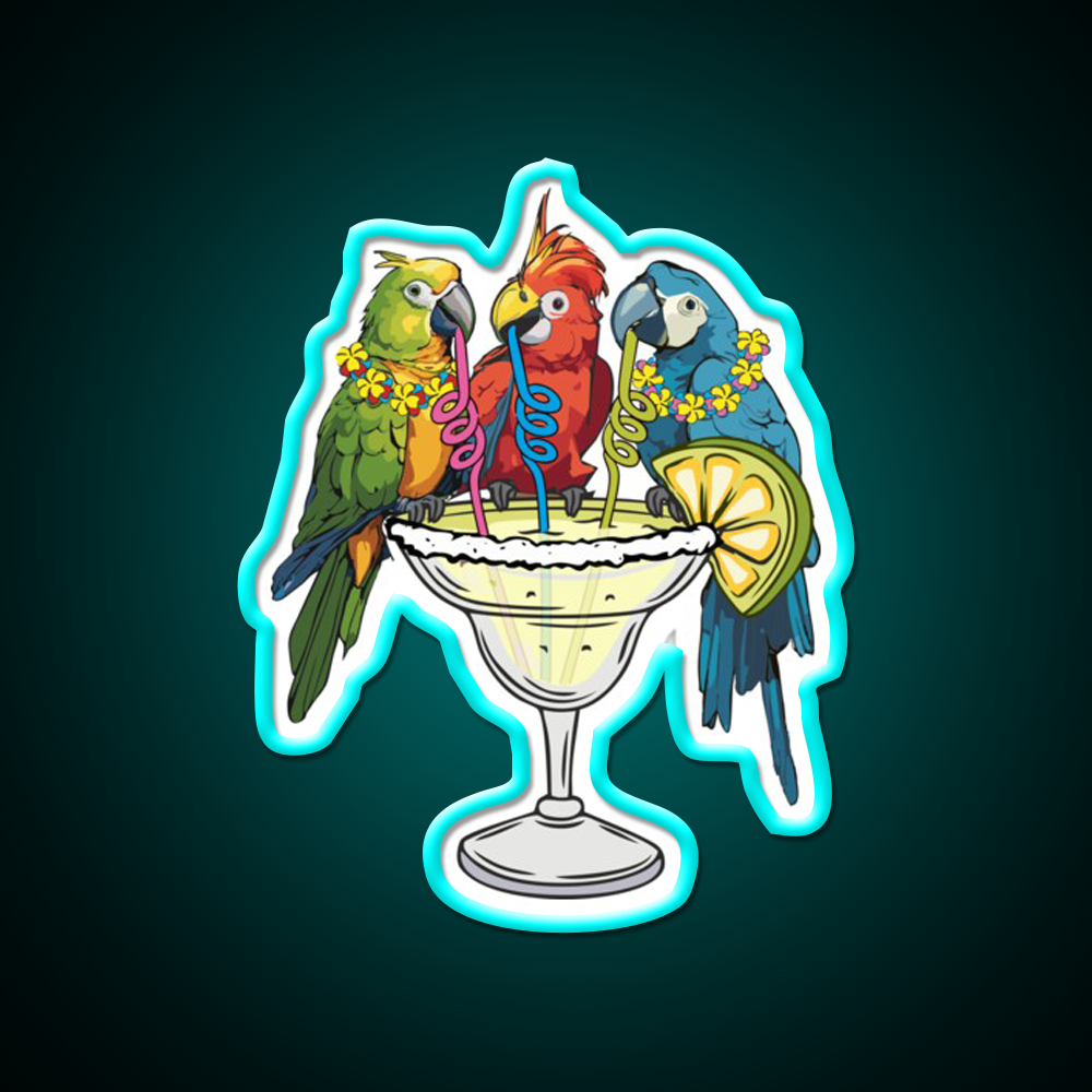 Parrots Drinking Margarita Vibe Cocktail Bar Decor Led Neon Sign Rgb Color - Size and dimension reference