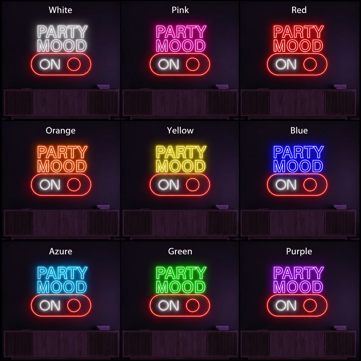 Party Mood On Stacked Script LED Neon Sign day and night comparison
