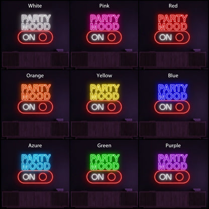 Party Mood On Stacked Script LED Neon Sign day and night comparison