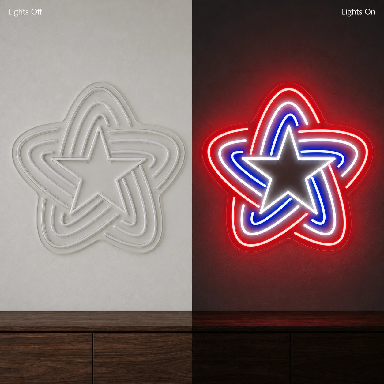 Patriotic Line Star LED Neon Sign Garage Man Cave Neon Sign day and night comparison