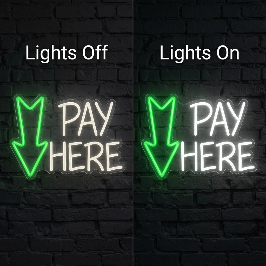 Pay Here On A Brick Wall Decor LED Neon Sign - 06 Day Night Comparison