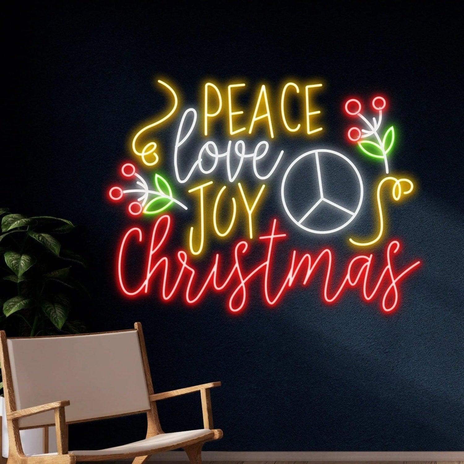 Peace Love Joy Christmas Multicolor Led Neon Sign With Berry Leaf Design | Shineneon