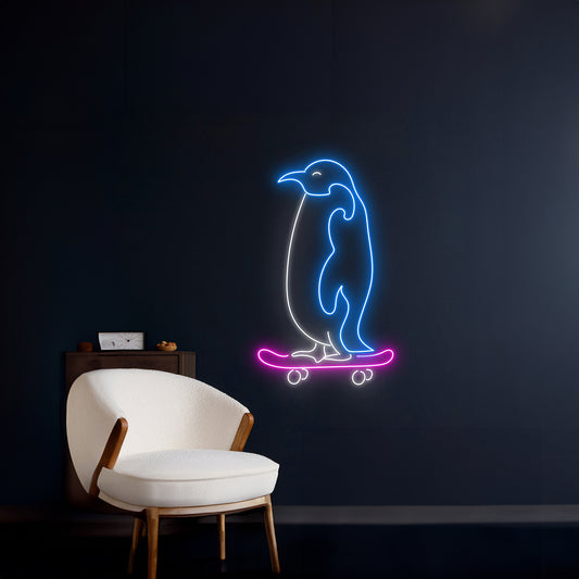 Penguin Skateboarding Neon Sign