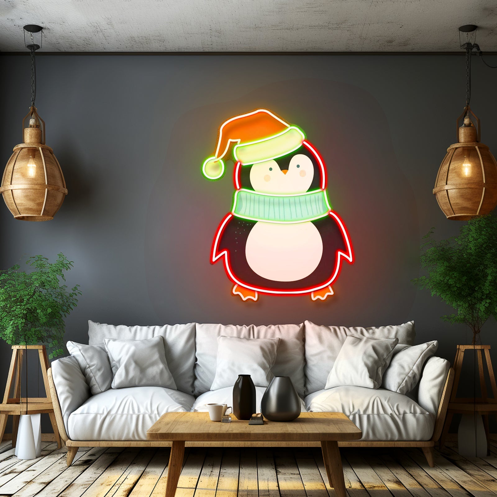 Penguin With Xmas Hat Led Neon Acrylic Artwork For Sale - Shineneon