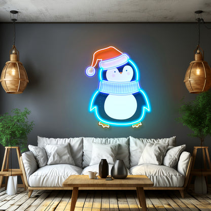 Penguin With Xmas Hat Led Neon Acrylic Artwork For Sale