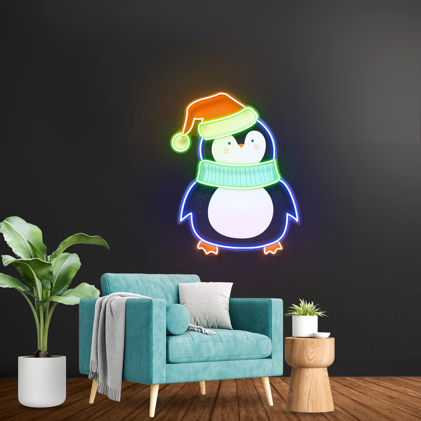 Penguin With Xmas Hat Led Neon Acrylic Artwork For Sale