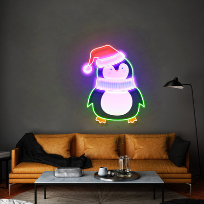 Penguin With Xmas Hat Led Neon Acrylic Artwork For Sale