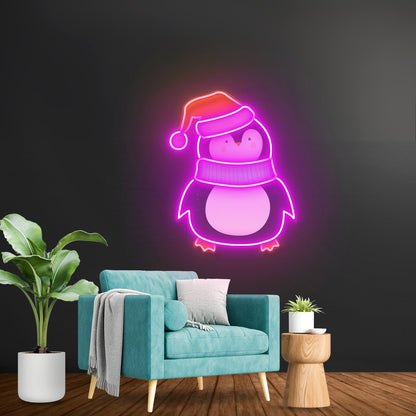 Penguin With Xmas Hat Led Neon Acrylic Artwork For Sale