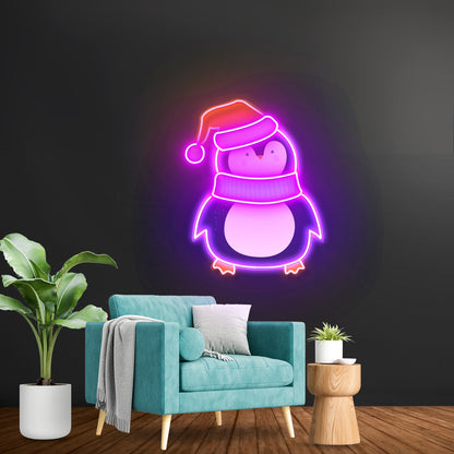 Penguin With Xmas Hat Led Neon Acrylic Artwork For Sale