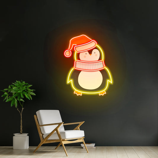 Penguin With Xmas Hat Led Neon Acrylic Artwork For Sale