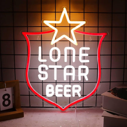 Pentagram With Red Shield Lone Star Beer Bar Led Neon Sign Texas Style | Shineneon