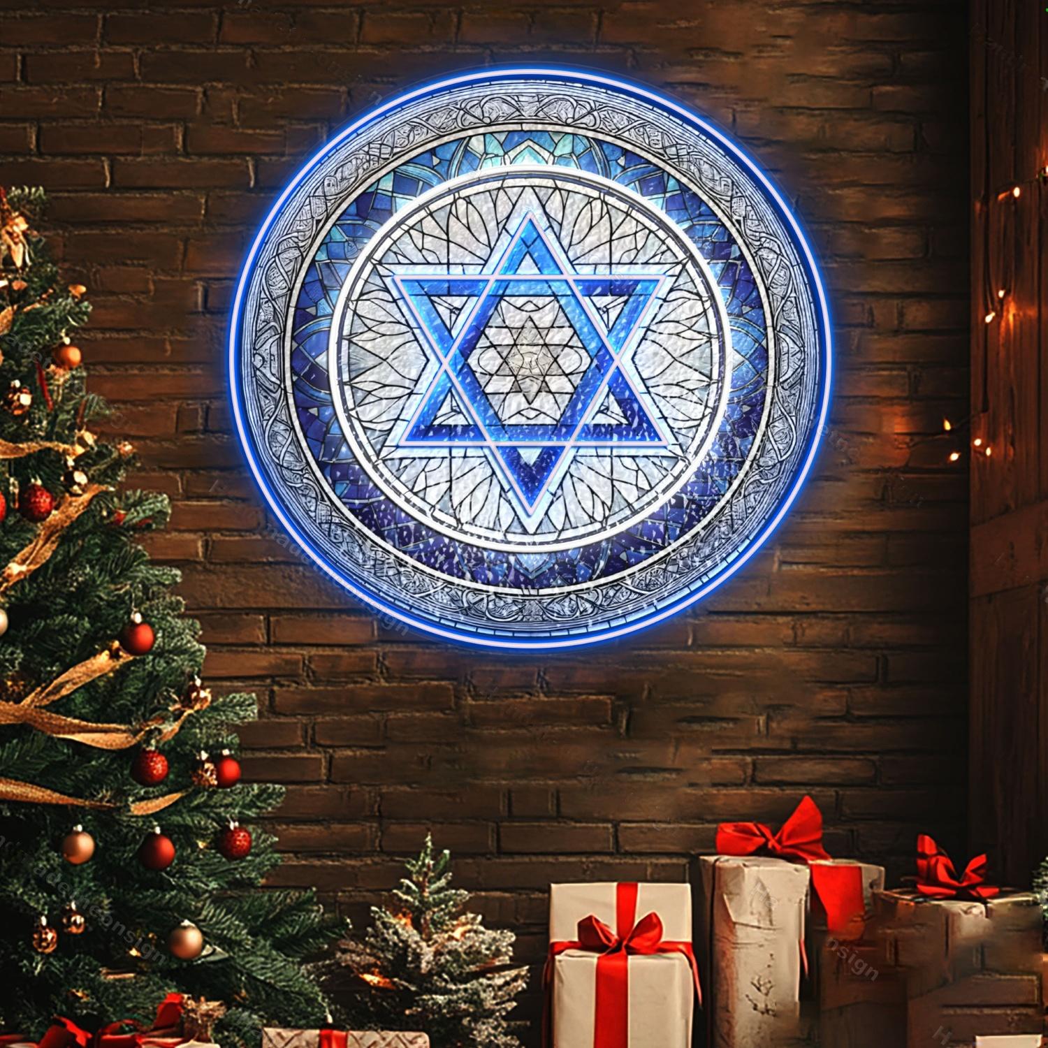 Personalized Jewish Star of David Stained Glass Hanukkah Acrylic Led Neon Sign | Shineneon