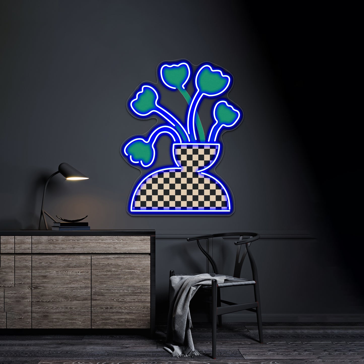 Picnic Checkered Vase With Tulips Wall Artwork Neon Signs