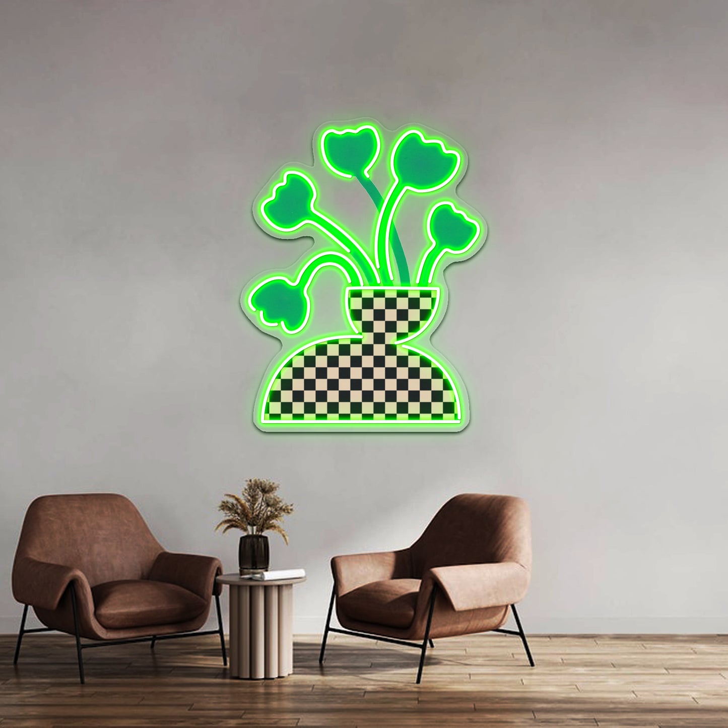 Picnic Checkered Vase With Tulips Wall Artwork Neon Signs