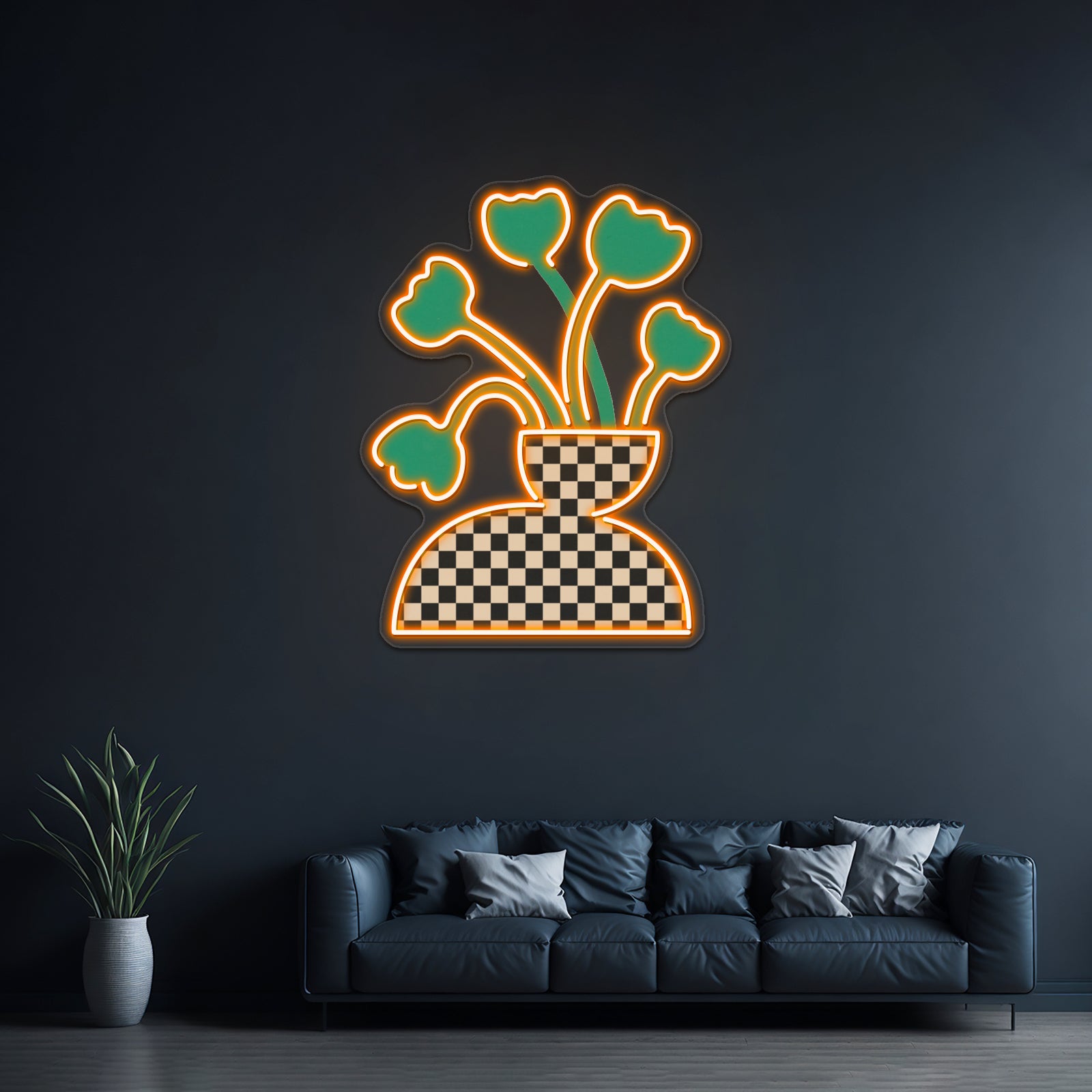 Picnic Checkered Vase With Tulips Wall Artwork Neon Signs | Shineneon