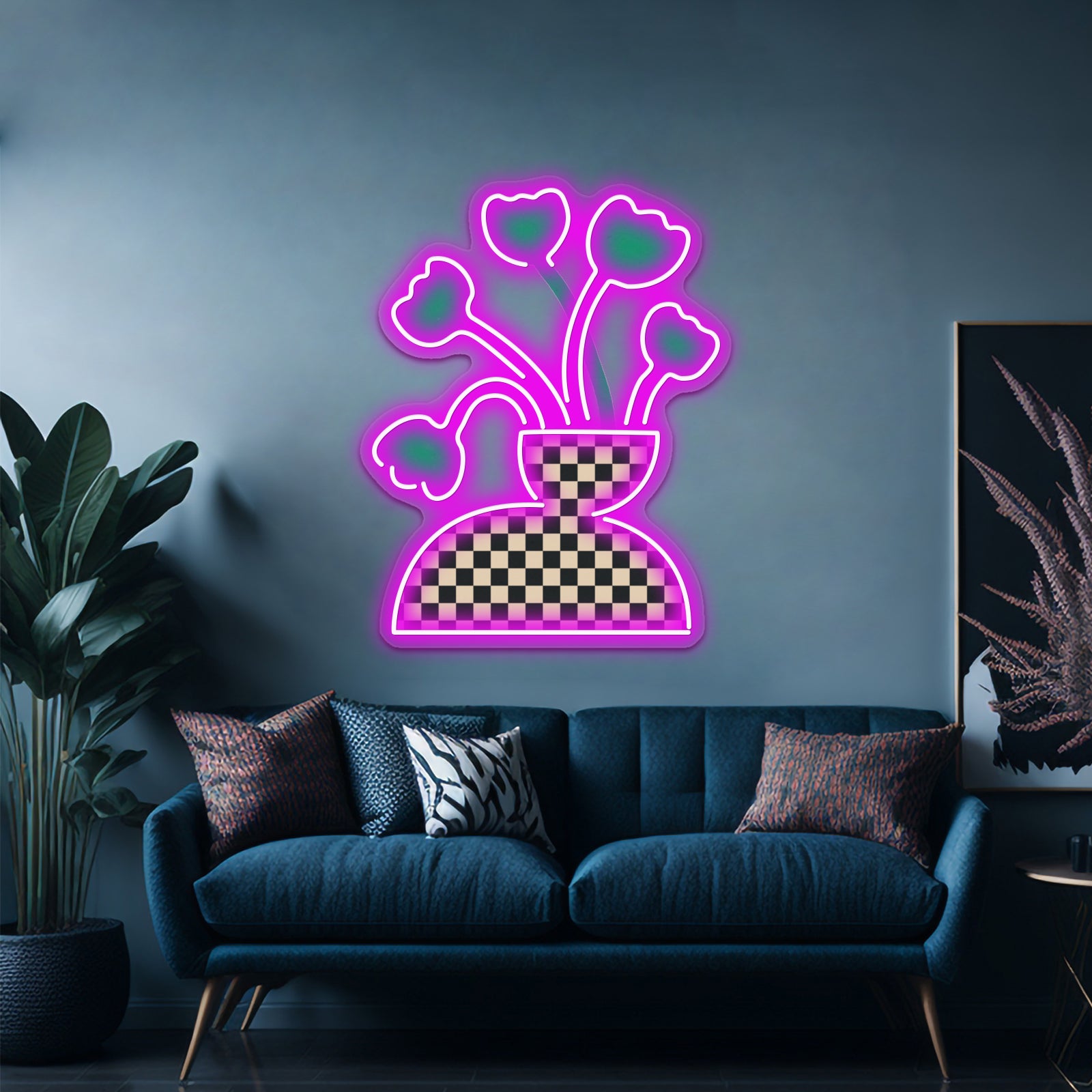 Picnic Checkered Vase With Tulips Wall Artwork Neon Signs | Shineneon