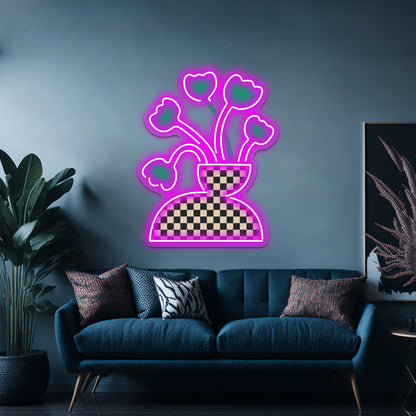 Picnic Checkered Vase With Tulips Wall Artwork Neon Signs