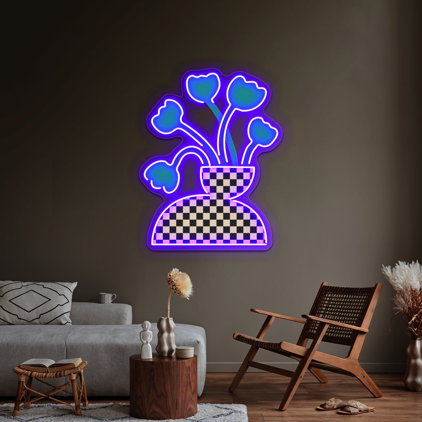 Picnic Checkered Vase With Tulips Wall Artwork Neon Signs