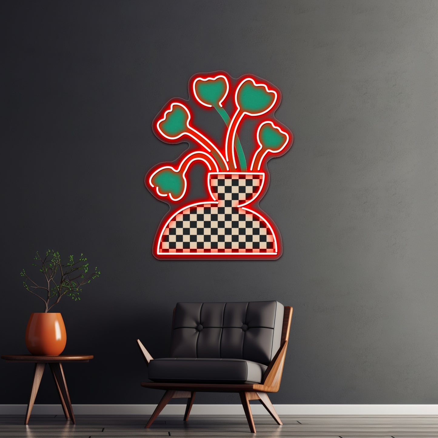 Picnic Checkered Vase With Tulips Wall Artwork Neon Signs