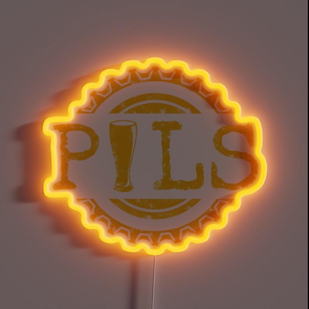 Pils Pilsner Word And Beer Bottle Cap Yellow Rgb Led Neon Sign - Shineneon