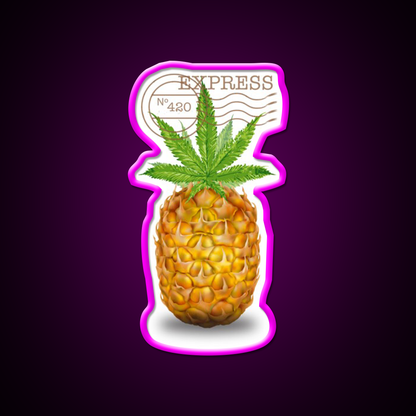Pineapple Express Og Strain Art Hemp Inspired Green Leaf Led Neon Sign Rgb Color - Neon sign mounted on wall in room