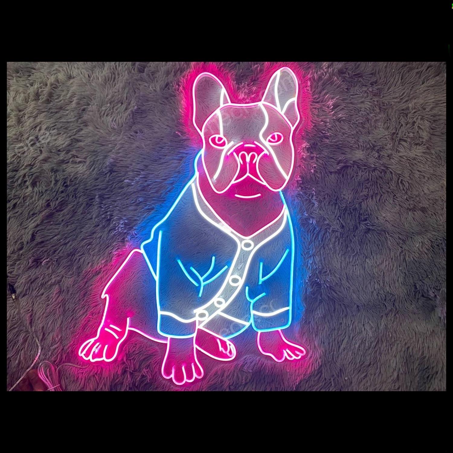 Pink And Blue Cartoon French Bulldog Led Neon Sign For Home Pet Shop Cafe Decor | Shineneon